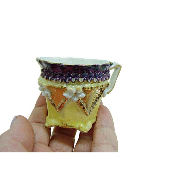 Vintage Germany Demitasse Mini Porcelain Lusterware Teacup Saucer Purple Yellows - Picture 9 of 12